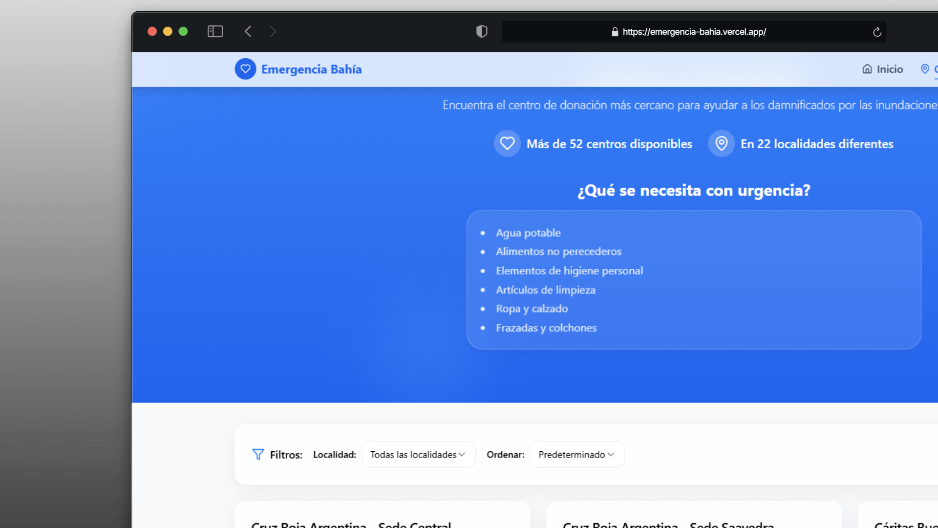 Captura del listado de centros de donación con filtros por localidad y tarjetas con dirección, horarios y etiquetas de ítems aceptados.