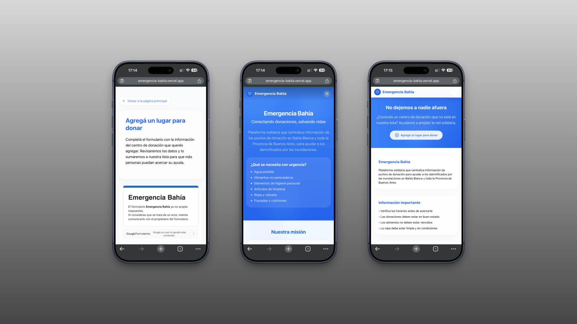 Tres pantallas de Emergencia Bahía en mockups de iPhone: inicio, necesidades urgentes y formulario para agregar un centro de donación.