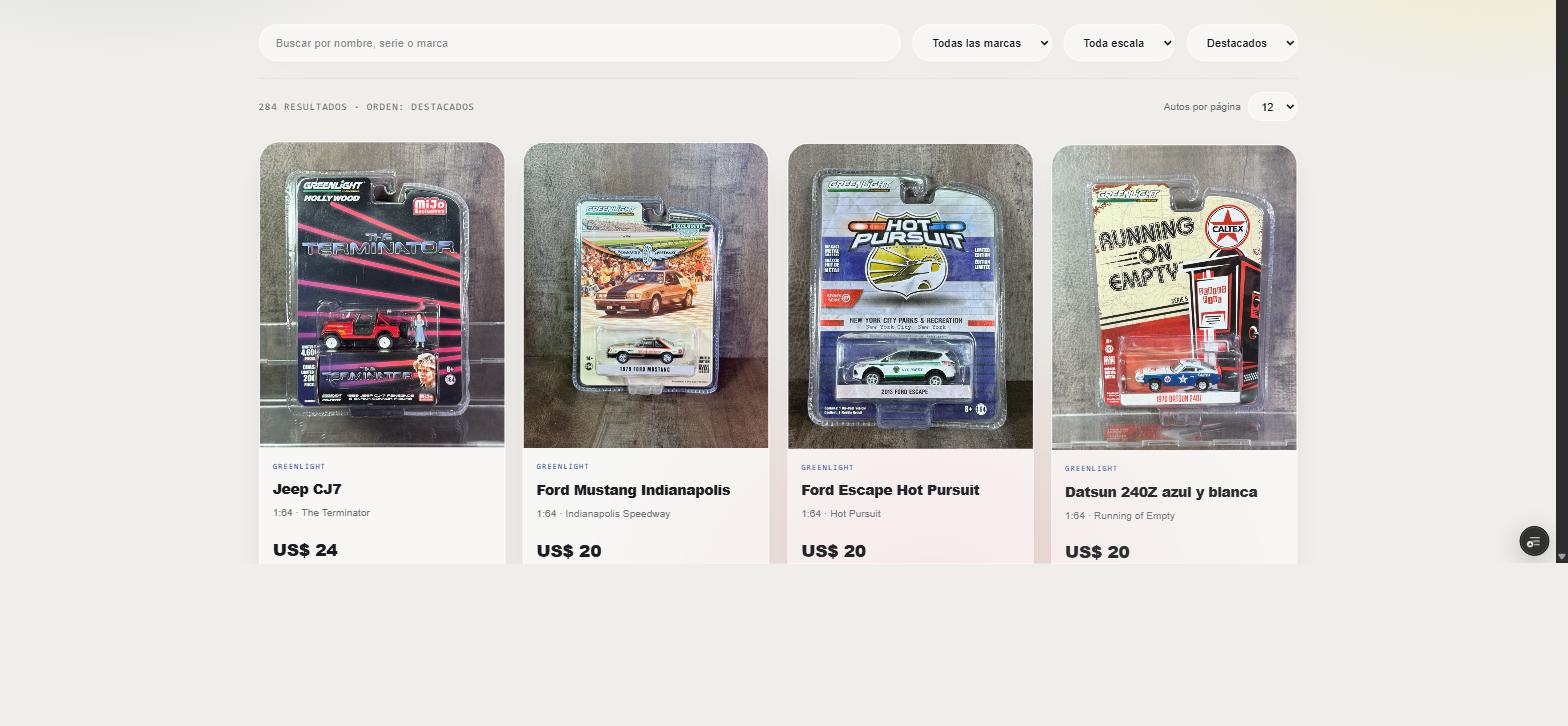 Catálogo de Fan Wheels con el título “284 autos a escala”, buscador, selectores de marca, escala y orden, y la primera fila de productos Greenlight en sus blisters con precio en dólares.