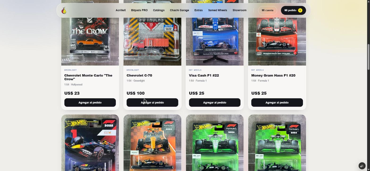 Grilla de tarjetas de Fan Wheels con autos a escala de Greenlight y Hot Wheels en sus blisters, cada una con marca, nombre, escala, serie, precio y botón para agregar al pedido.