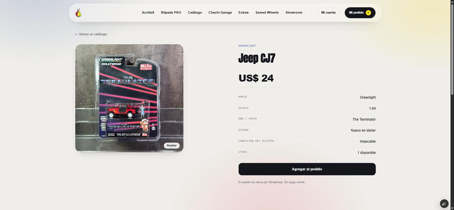 Ficha del Jeep CJ7 de la serie The Terminator en Fan Wheels: foto grande del blister, precio en dólares, tabla con marca, escala, año, estado y stock, y el botón Agregar al pedido con la aclaración de que se cierra por WhatsApp.