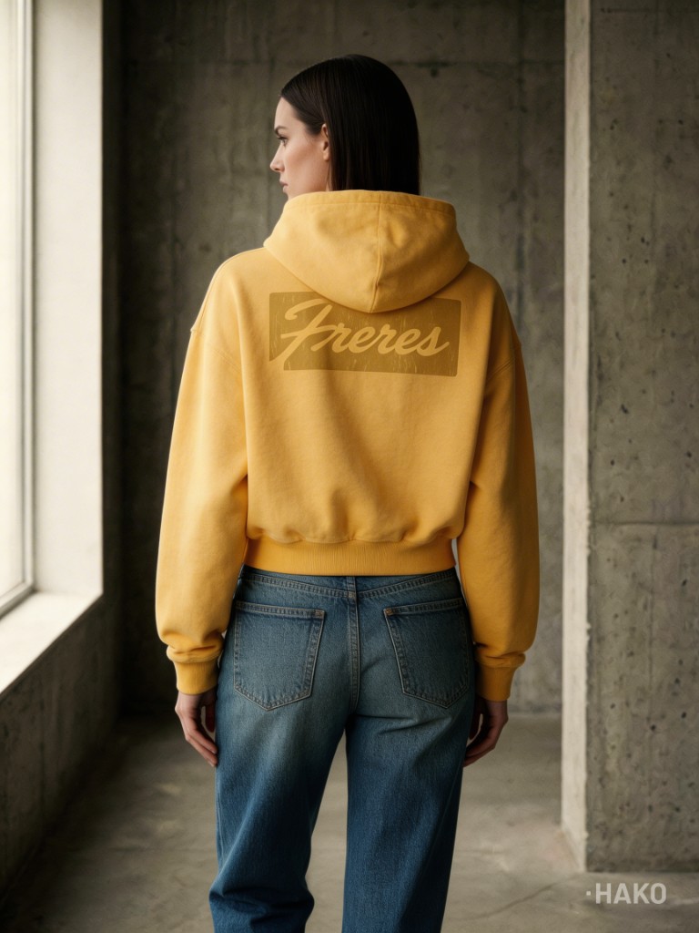 Modelo de espaldas con el Buzo Logo Vintage butter yellow y la estampa “Frères” en la espalda.