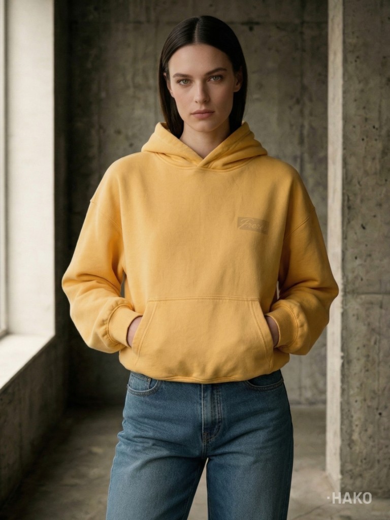 Modelo de frente con el Buzo Logo Vintage butter yellow y jeans azules, en un ambiente minimal de cemento.