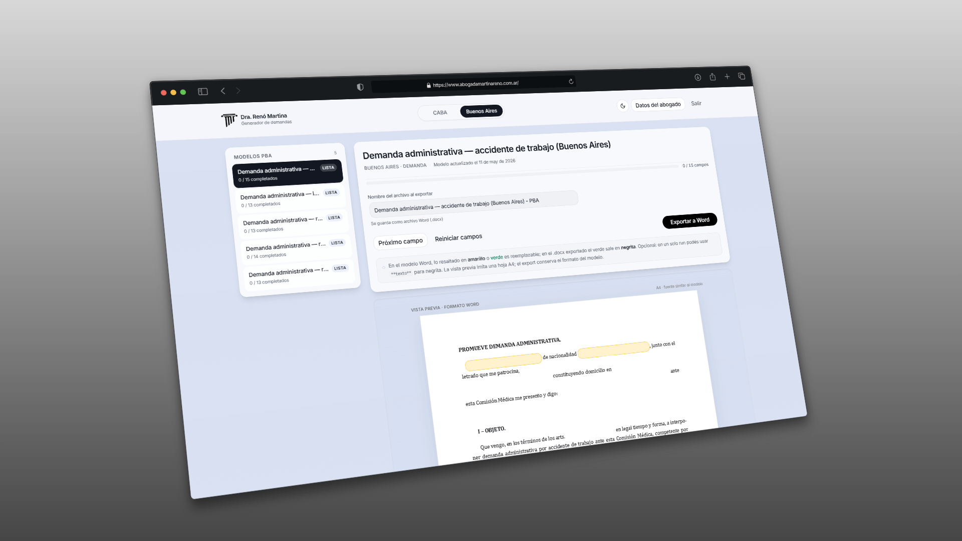Captura del dashboard “Generador de demandas” mostrando el listado de modelos para Provincia de Buenos Aires y la vista previa de un documento en formato Word.